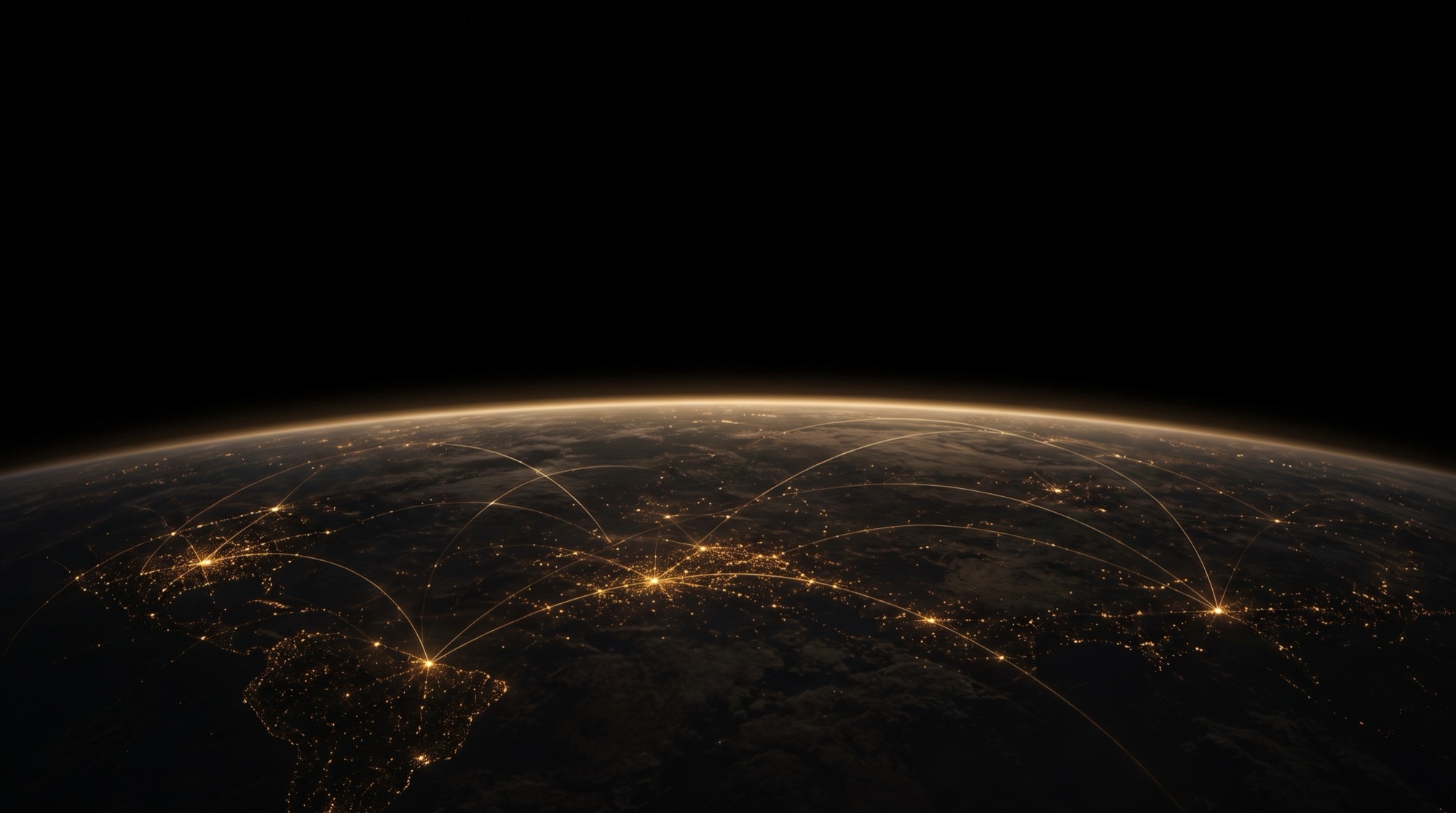 A dark planet at night with delicate champagne-gold network arcs connecting glowing city clusters.