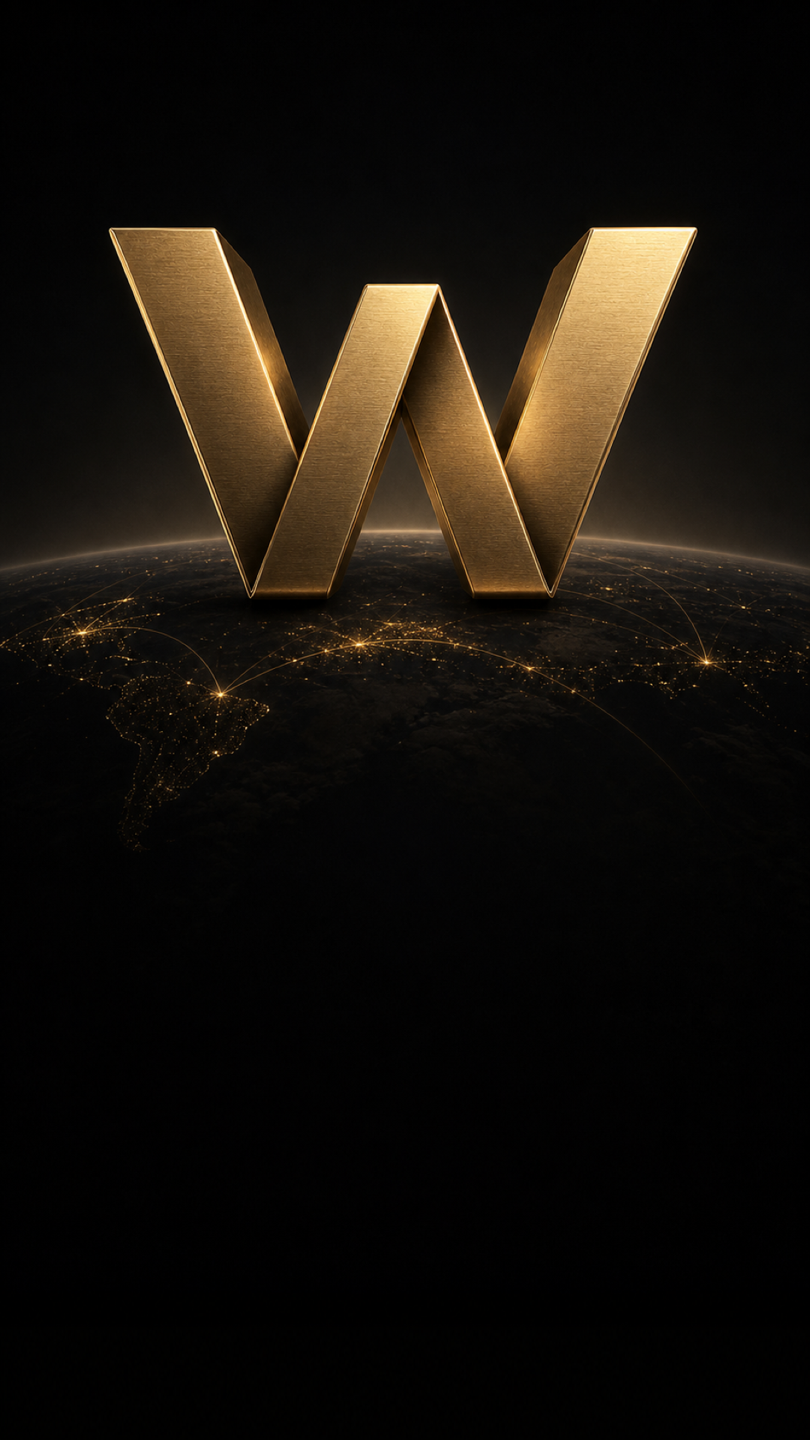 A monumental brushed-gold letter W above a night planet traced with golden flight paths.