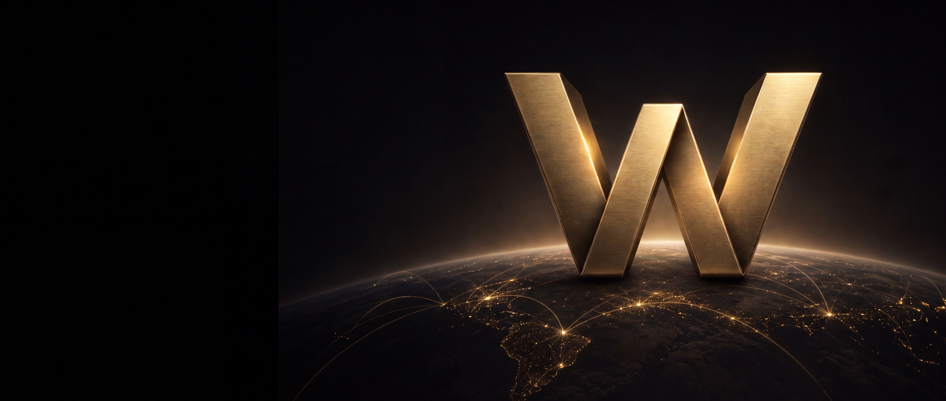 A monumental brushed-gold letter W on the night horizon of a planet traced with golden flight paths.